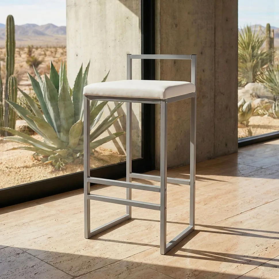 Tabouret de bar en métal Drakkar Argent et Velours Blanc
