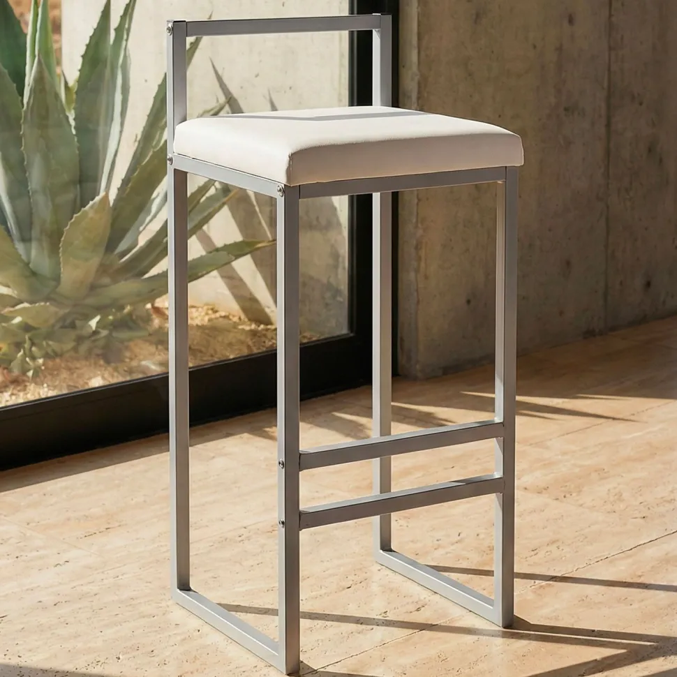 Tabouret de bar en métal Drakkar Argent et Velours Blanc