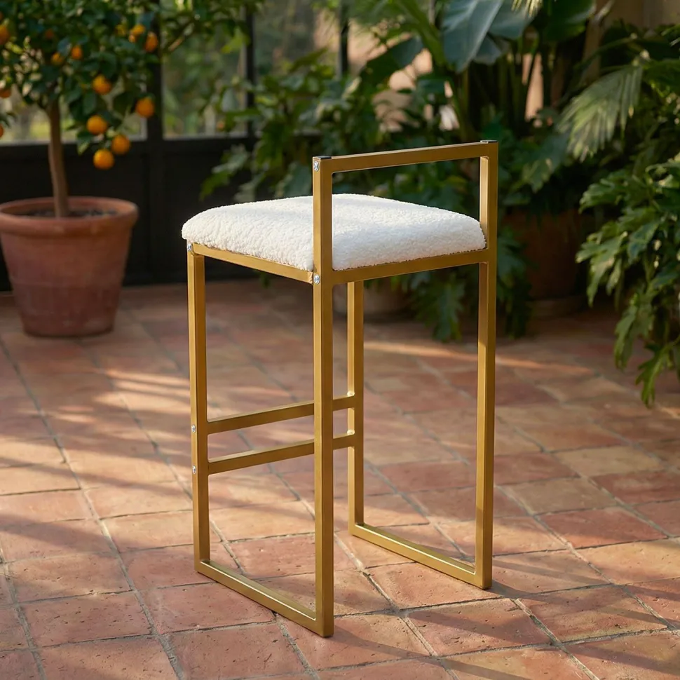 Tabouret de bar en métal Drakkar Or et Tissu bouclette Crème