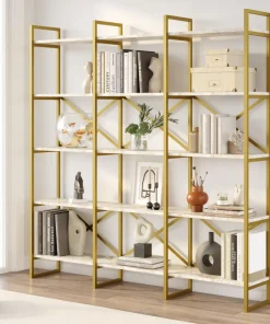 Étagère bibliothèque Opawa L170cm Métal Or et Bois Effet marbre Blanc