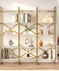 Étagère bibliothèque Opawa L170cm Métal Or et Bois Effet marbre Blanc