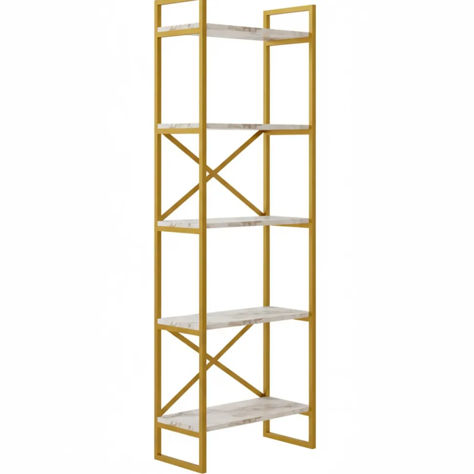 Étagère bibliothèque Opawa L58cm Métal Or et Bois Effet marbre Blanc