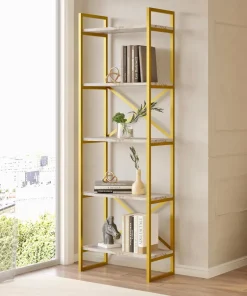 Étagère bibliothèque Opawa L58cm Métal Or et Bois Effet marbre Blanc