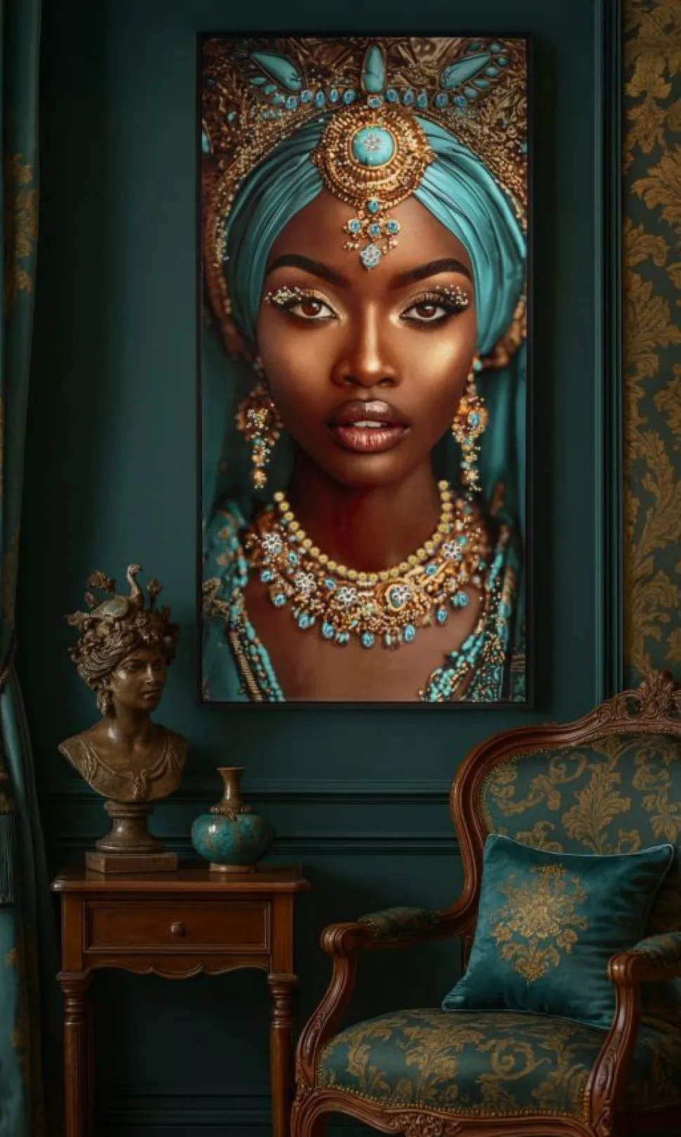 Toile laquée Maya visage exotique turquoise avec cadre