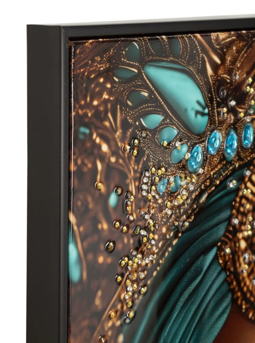 Toile laquée Maya visage exotique turquoise avec cadre