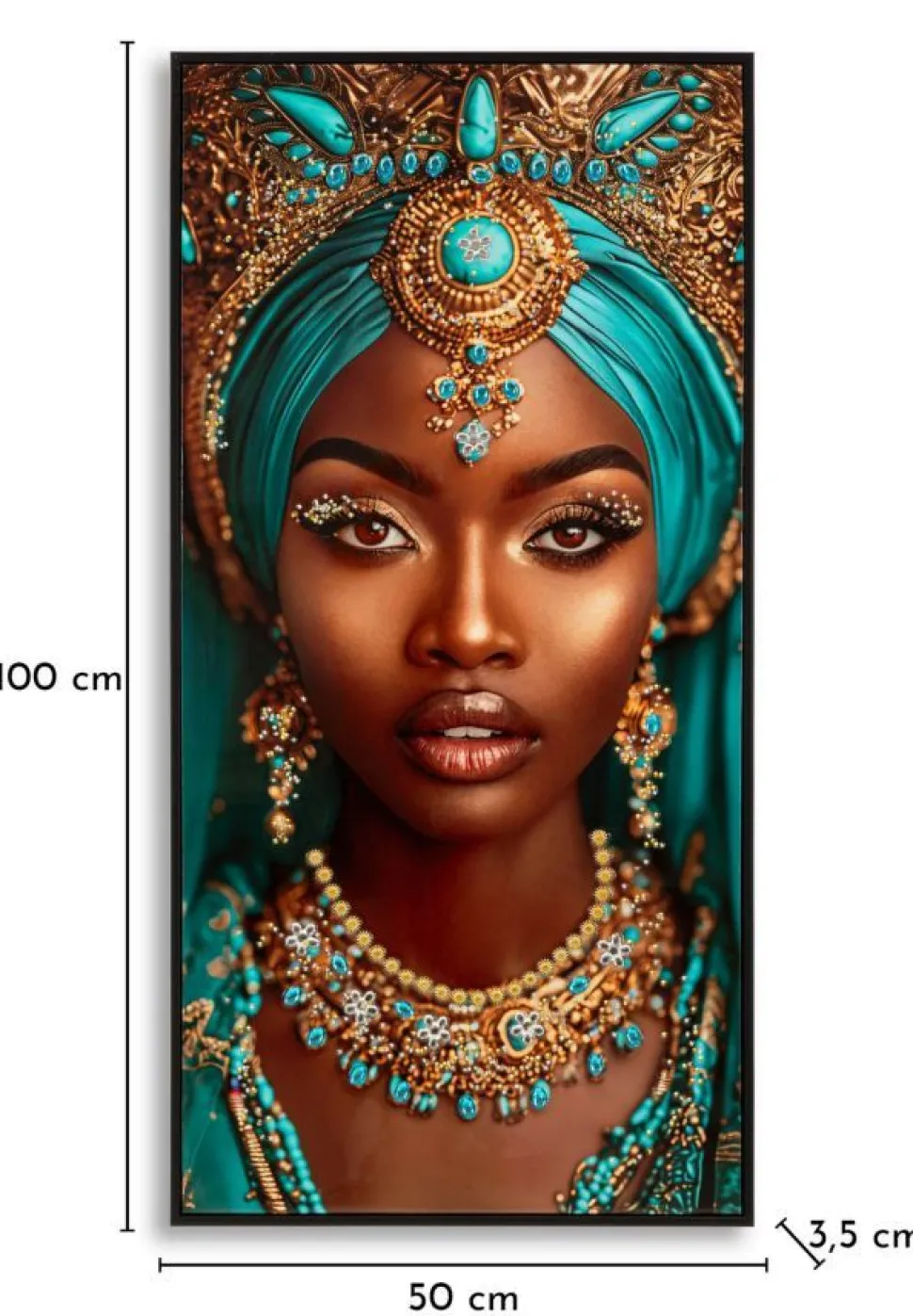 Toile laquée Maya visage exotique turquoise avec cadre