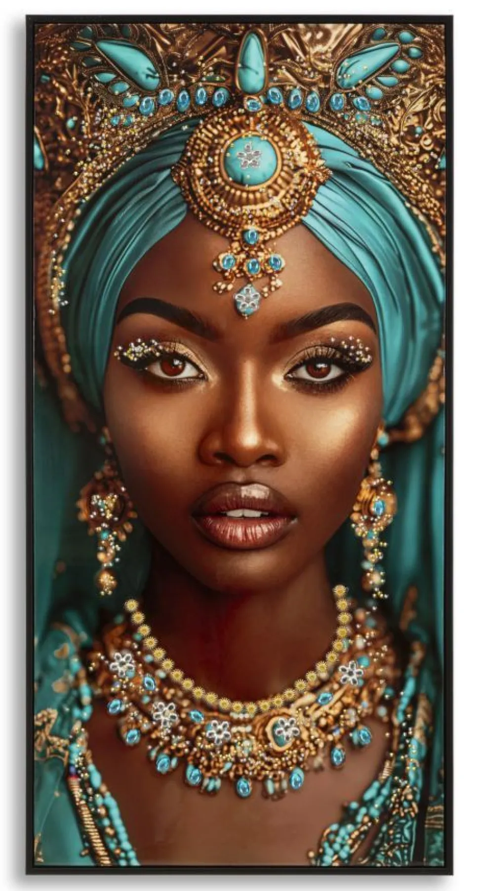 Toile laquée Maya visage exotique turquoise avec cadre