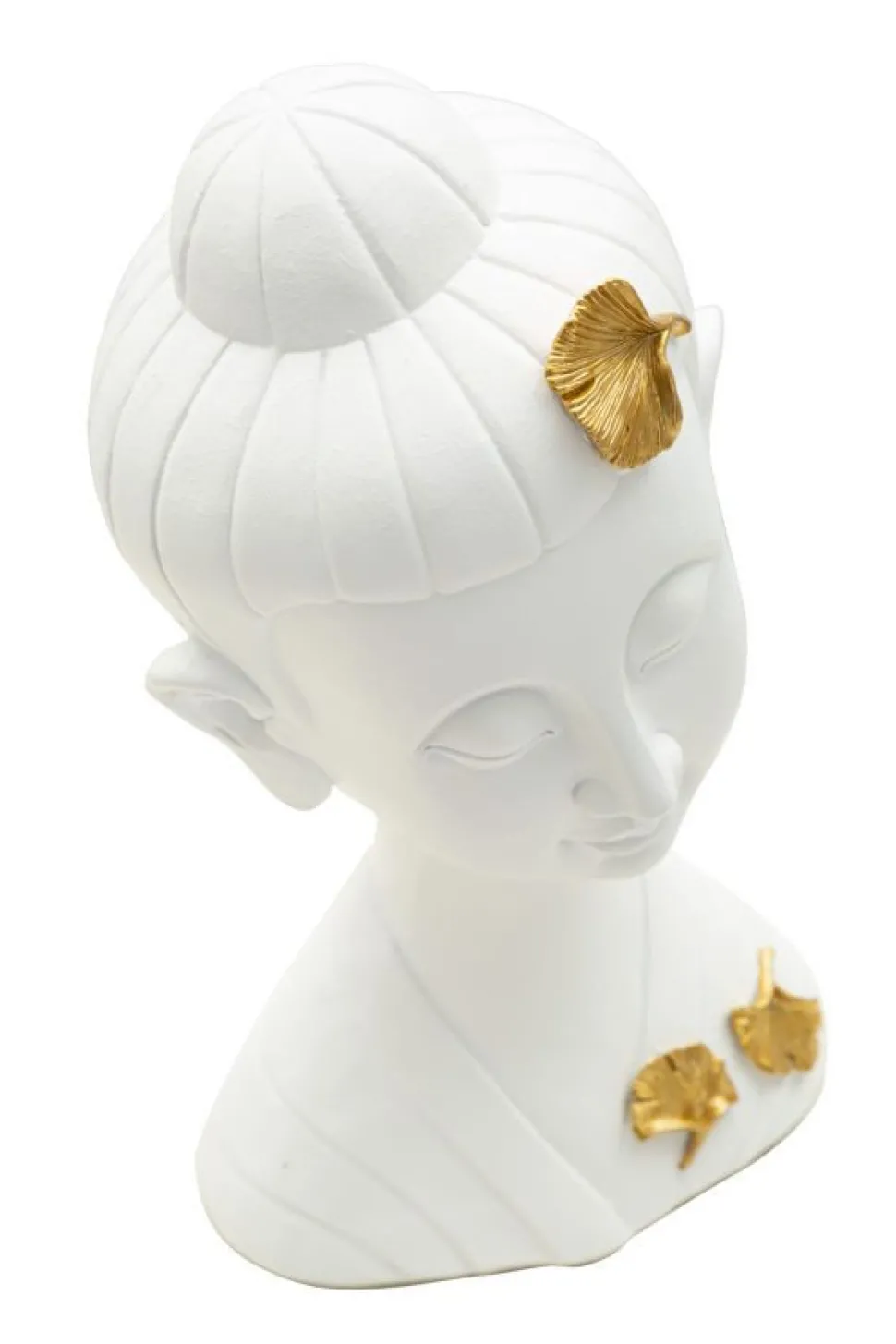 Tête de Bouddha en polyrésine blanche ornée de feuilles d'or