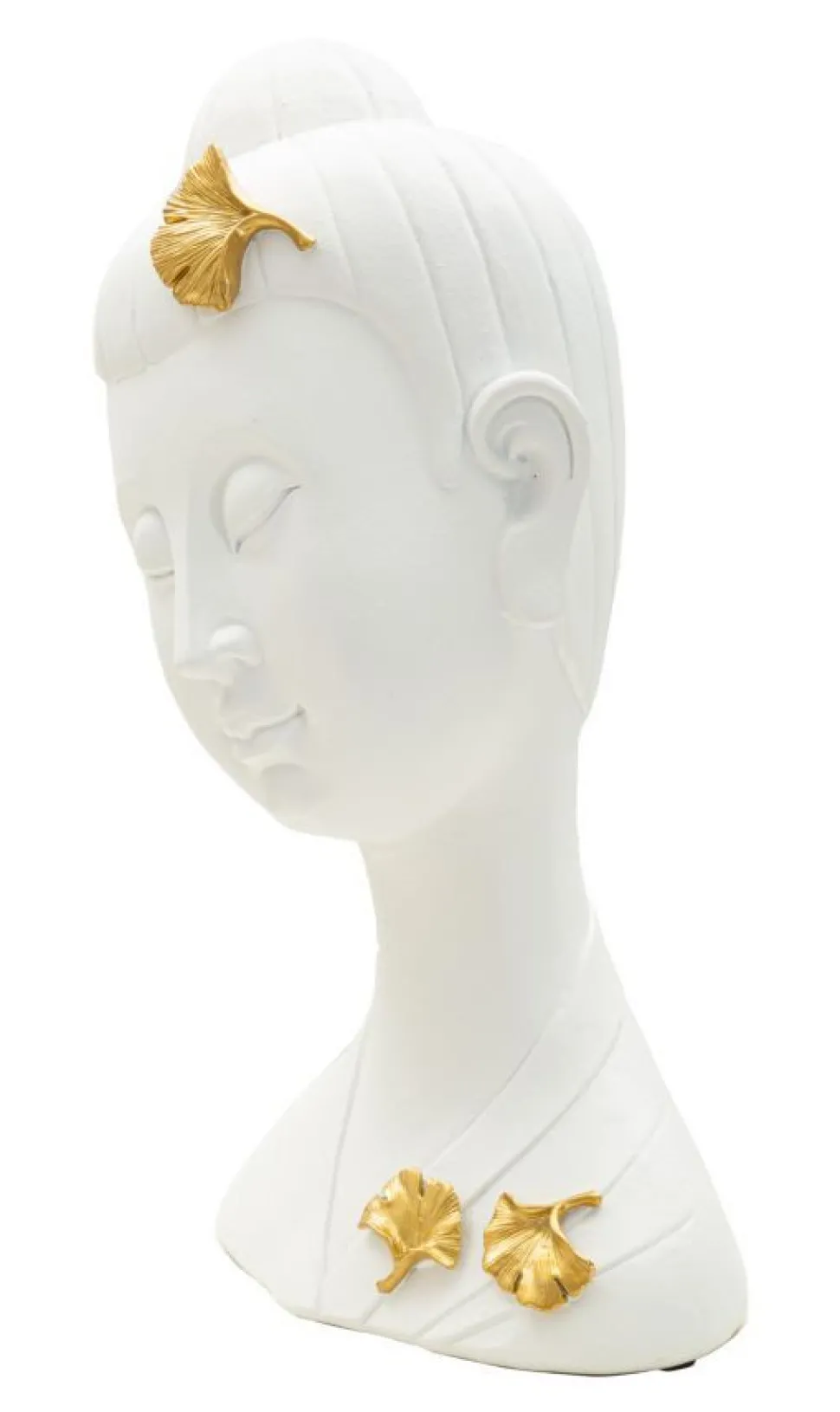 Tête de Bouddha en polyrésine blanche ornée de feuilles d'or