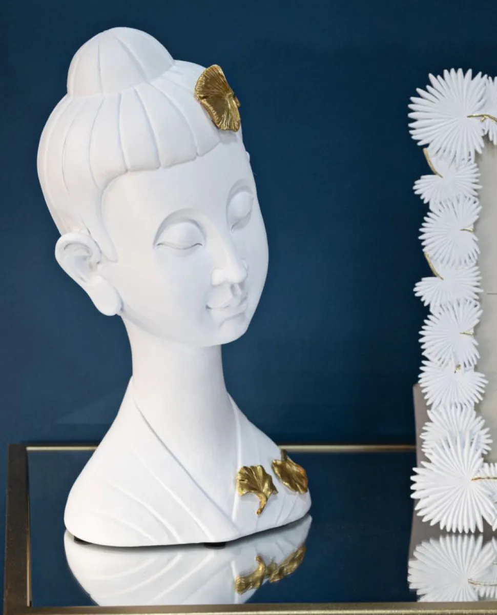 Tête de Bouddha en polyrésine blanche ornée de feuilles d'or