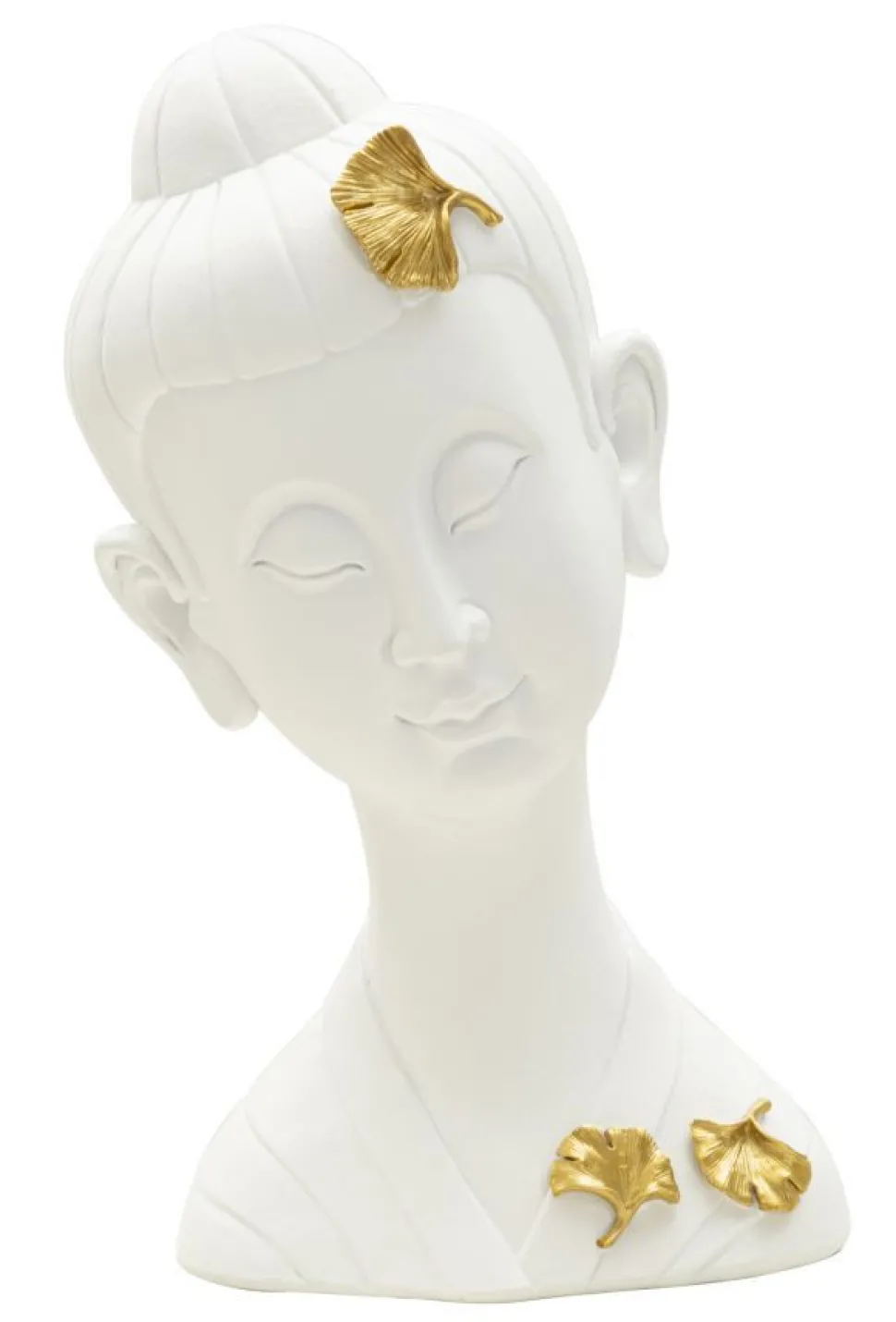 Tête de Bouddha en polyrésine blanche ornée de feuilles d'or