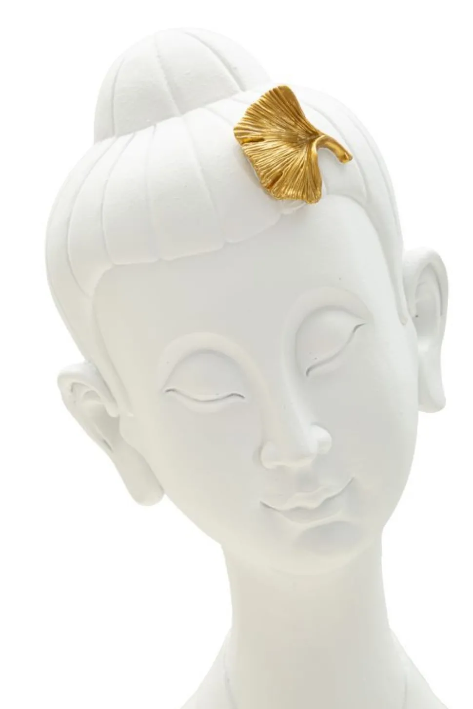Tête de Bouddha en polyrésine blanche ornée de feuilles d'or