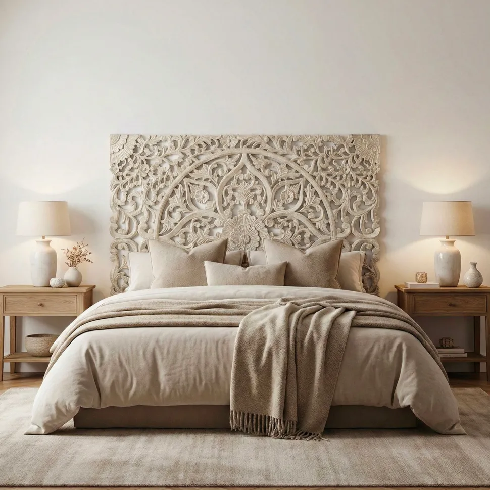 Tête de lit bois sculpté Serena 180cm Effet travertin Beige clair