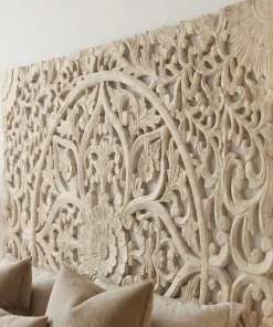 Tête de lit bois sculpté Serena 180cm Effet travertin Beige clair