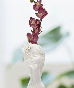Vase buste féminin Céramique Blanc avec Fleur dorée
