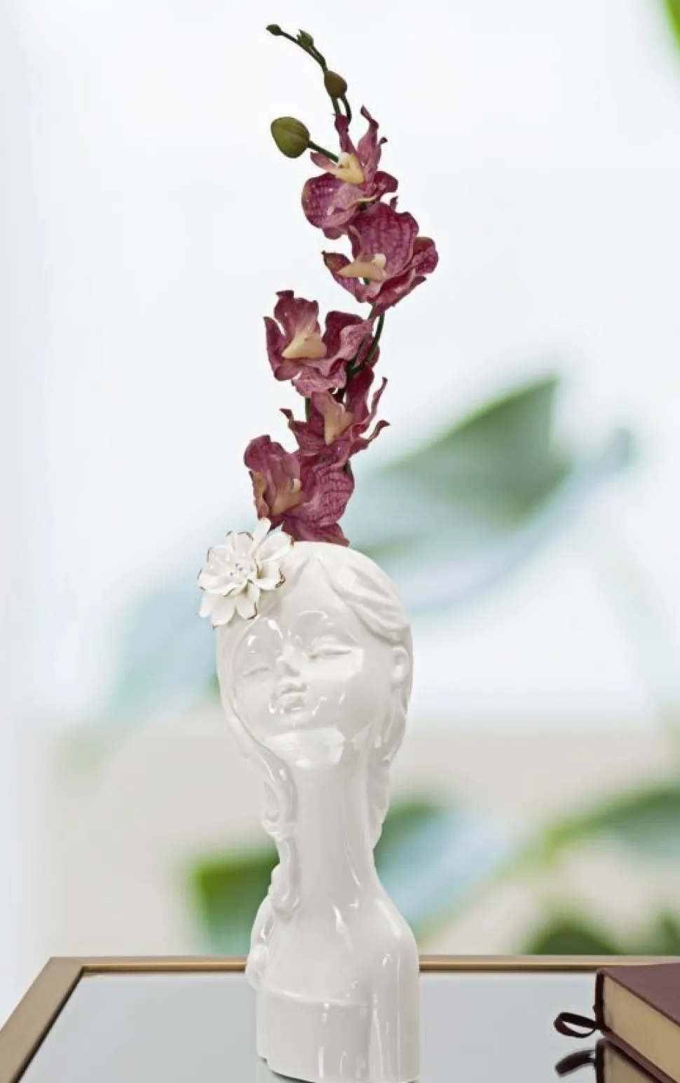 Vase buste féminin Céramique Blanc avec Fleur dorée