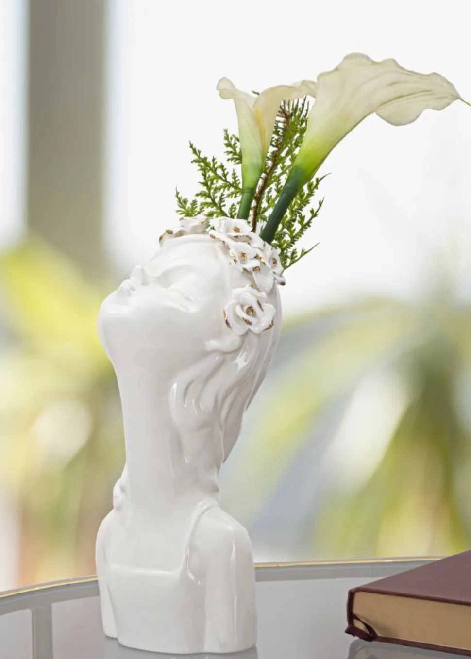 Vase buste jeune fille Porcelaine Blanc couronne de fleurs dorées