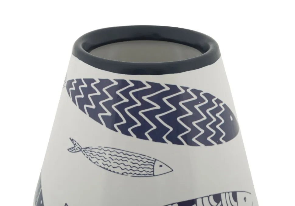 Vase céramique blanche décoré poissons motifs bleus