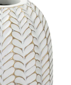 Vase décoratif motifs feuilles polyrésine Blanc et Or
