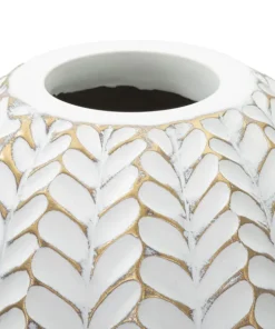 Vase décoratif motifs feuilles polyrésine Blanc et Or