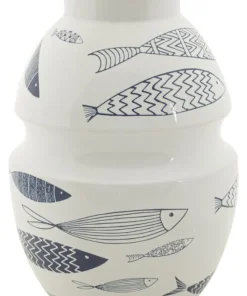 Vase en céramique blanche décorations poissons bleus