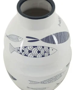 Vase en céramique blanche décorations poissons bleus
