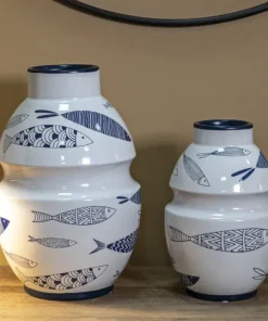 Vase en céramique blanche décorations poissons bleus