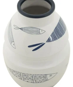 Vase en céramique blanche décoré de motifs de poissons et bleu