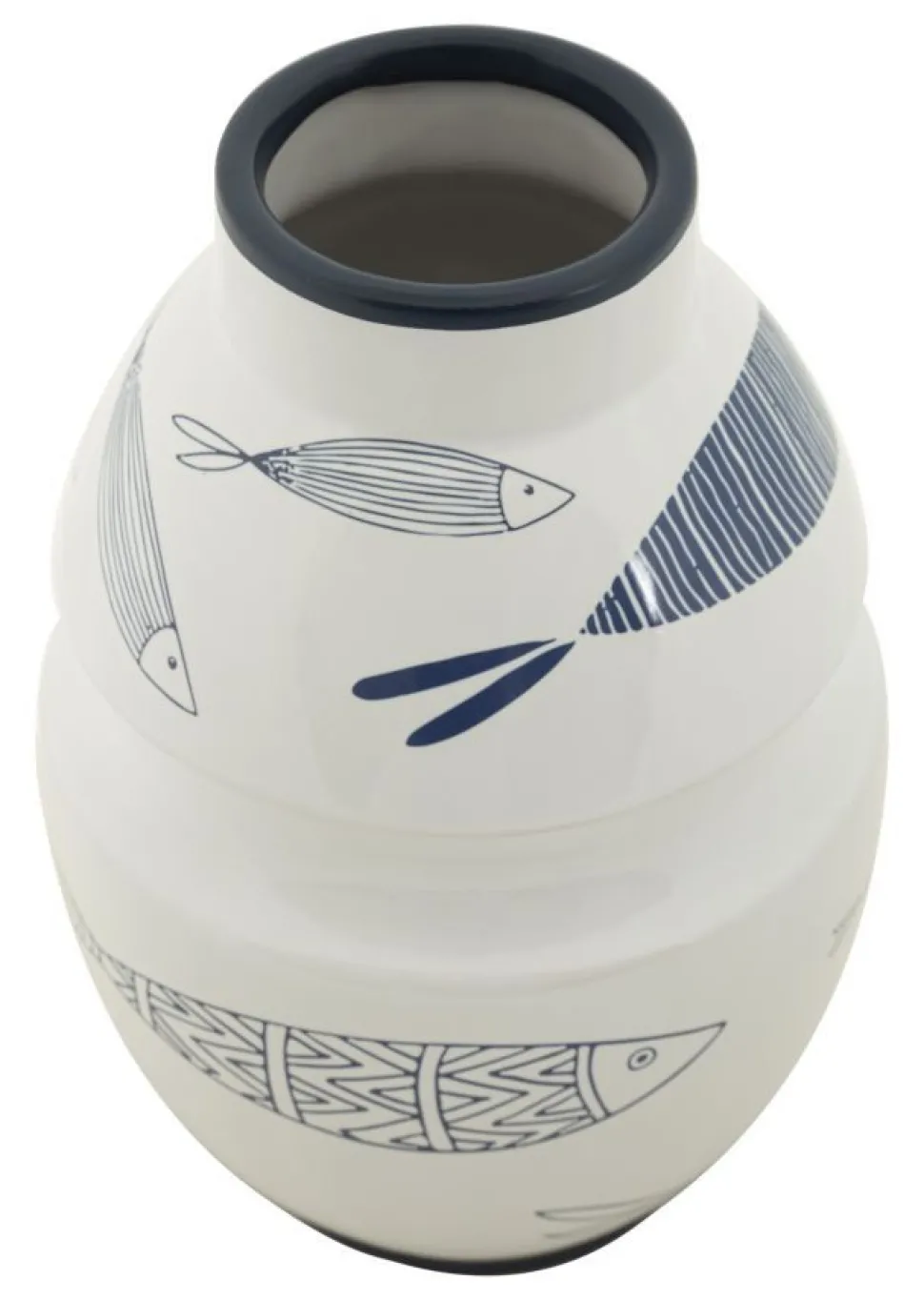 Vase en céramique blanche décoré de motifs de poissons et bleu