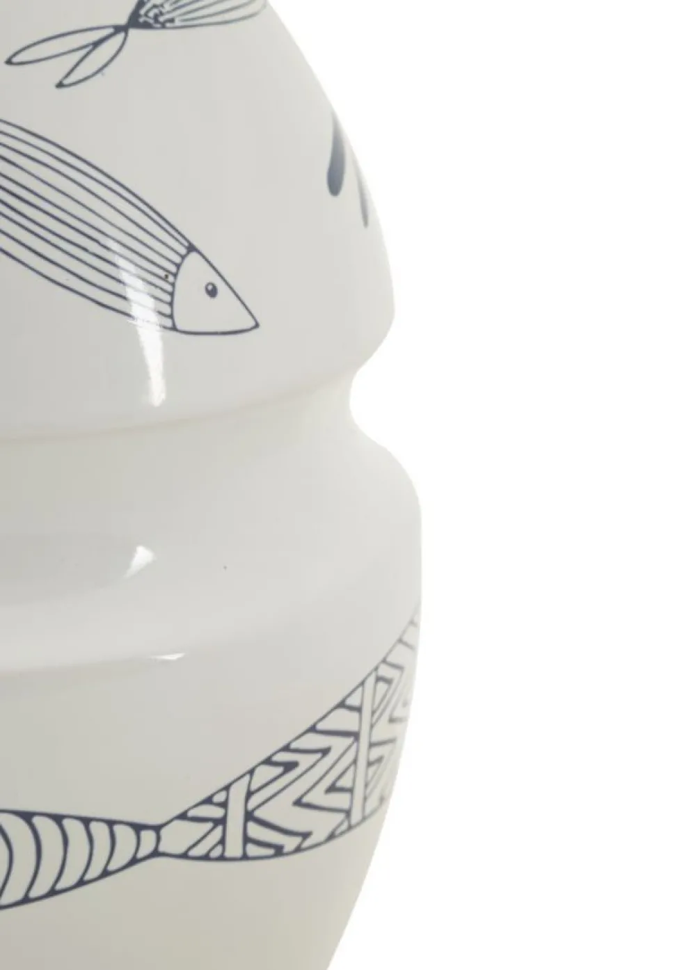 Vase en céramique blanche décoré de motifs de poissons et bleu