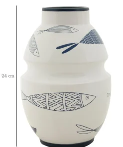 Vase en céramique blanche décoré de motifs de poissons et bleu