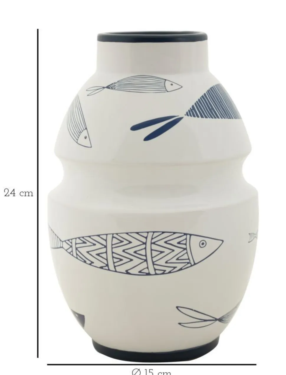 Vase en céramique blanche décoré de motifs de poissons et bleu