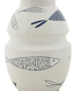 Vase en céramique blanche décoré de motifs de poissons et bleu