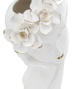 Vase féminin en porcelaine décoré d'une couronne de fleurs blanc et or