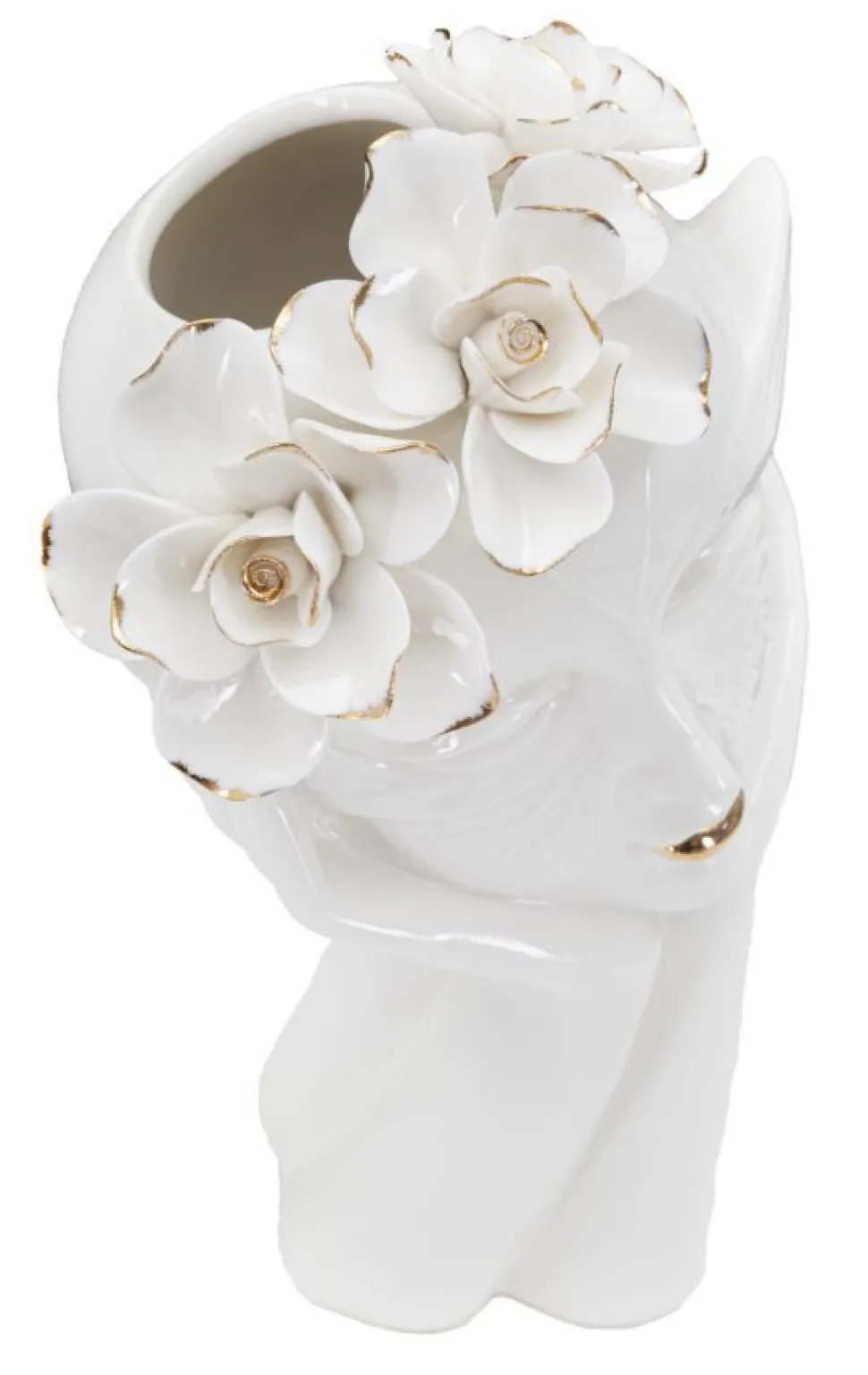 Vase féminin en porcelaine décoré d'une couronne de fleurs blanc et or