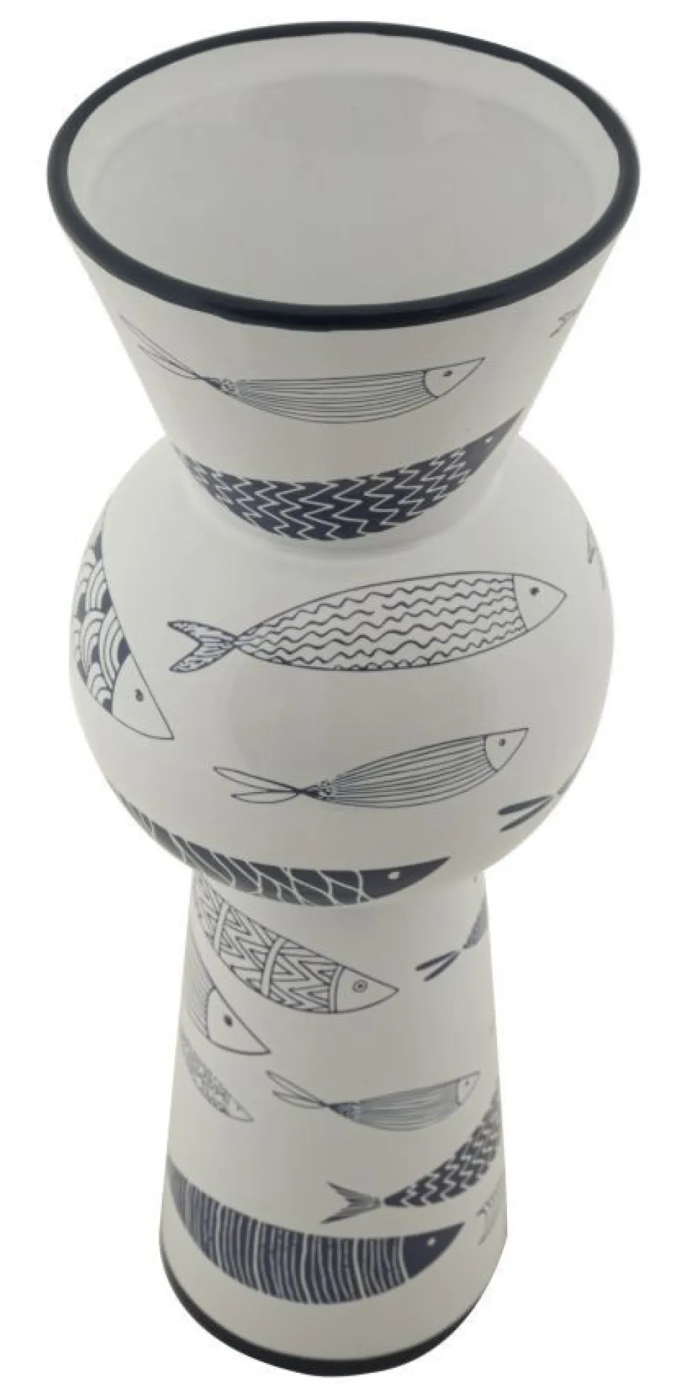 Vase haut en céramique blanche décor poissons bleu