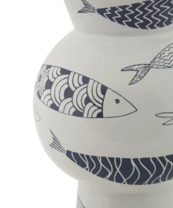 Vase haut en céramique blanche décor poissons bleu