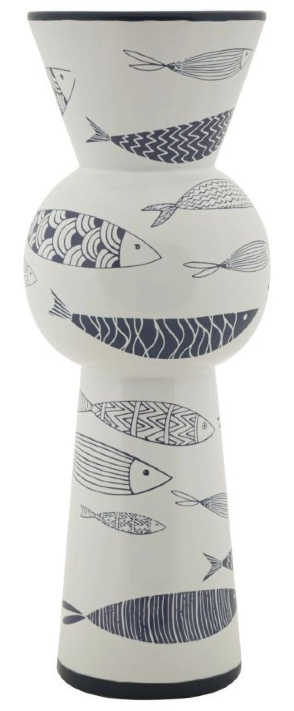 Vase haut en céramique blanche décor poissons bleu