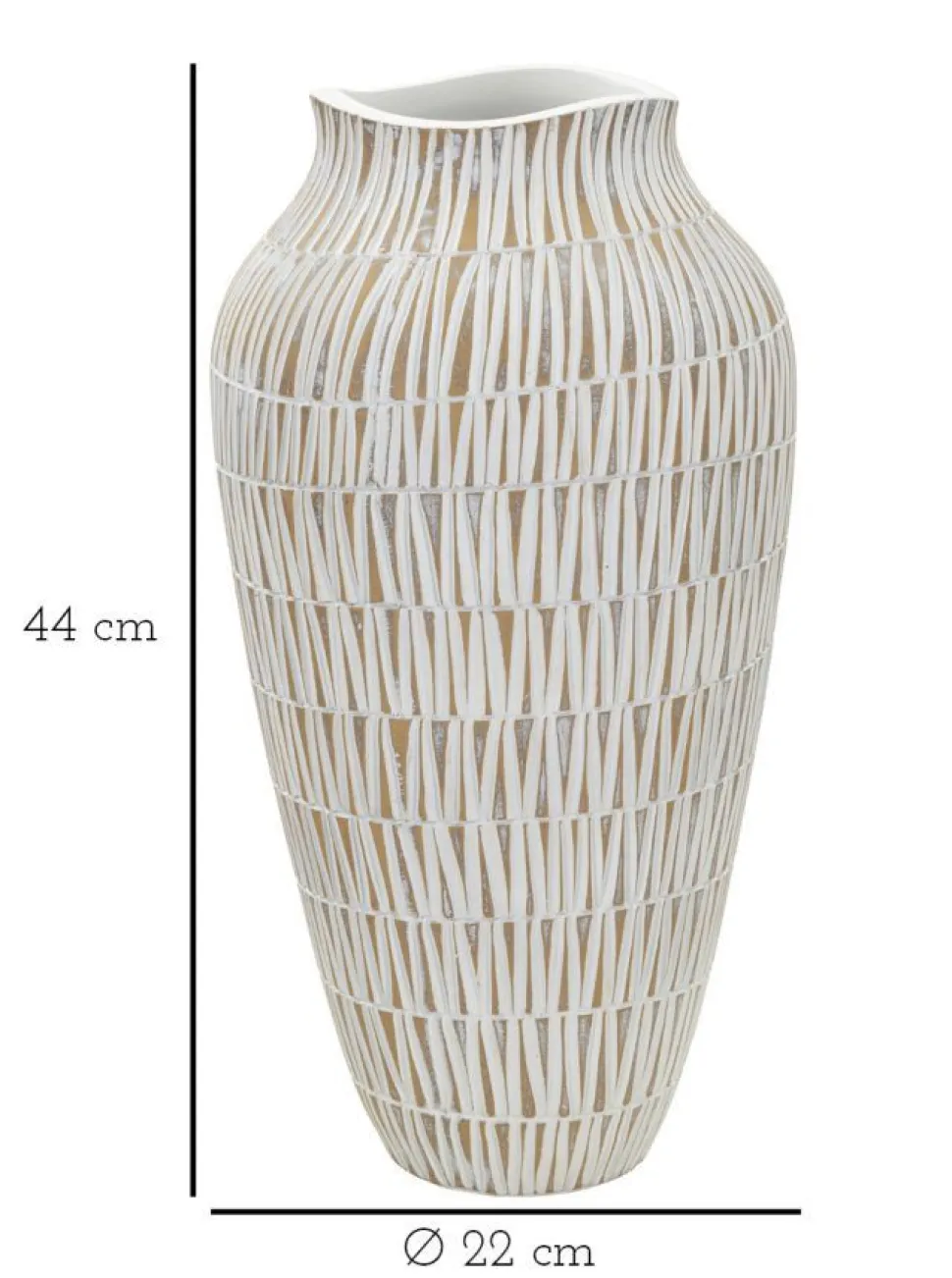 Vase polyrésine blanc décoré de sculptures géométriques et linéaires dorées