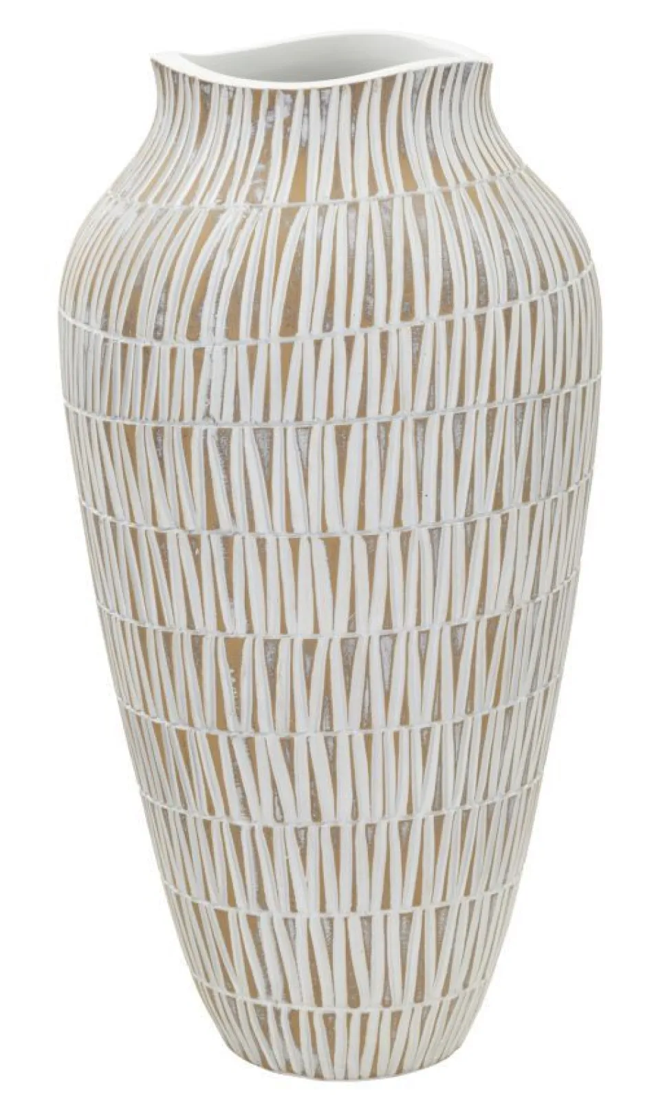 Vase polyrésine blanc décoré de sculptures géométriques et linéaires dorées