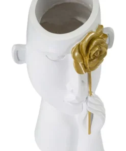 Vase visage blanc fleur dorée